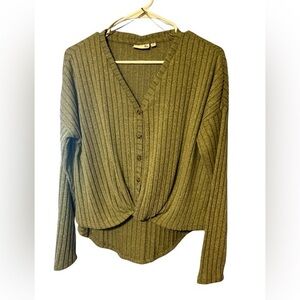 So Womens Ribbed Button Down Tie Front Green XS